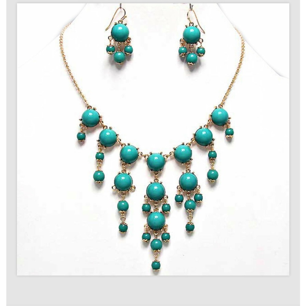 Necklace Earrings Turquoise Gold Women Statement Bib 16.5"-19.5"L Jewelry Set